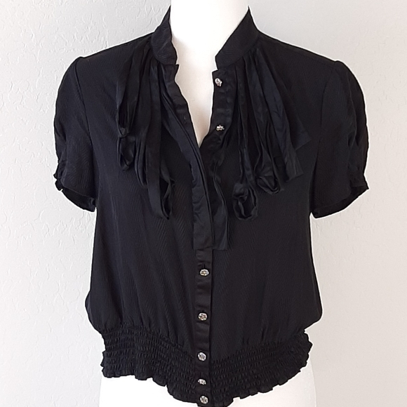 BEBE Black Silk S/S Top Size M - Picture 2 of 6
